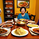 **

A warm, inviting dinner scene. An Italian nonna and a Malaysian grandmother are smiling across a table laden with both Italian and Malaysian dishes: pasta, rendang, pizza, nasi lemak. The family is gathered together, celebrating a fusion of cultures. Warm lighting, happy atmosphere.

**