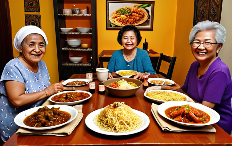 **
A warm, inviting dinner scene. An Italian nonna and a Malaysian grandmother are smiling across a table laden with both Italian and Malaysian dishes: pasta, rendang, pizza, nasi lemak. The family is gathered together, celebrating a fusion of cultures. Warm lighting, happy atmosphere.
**