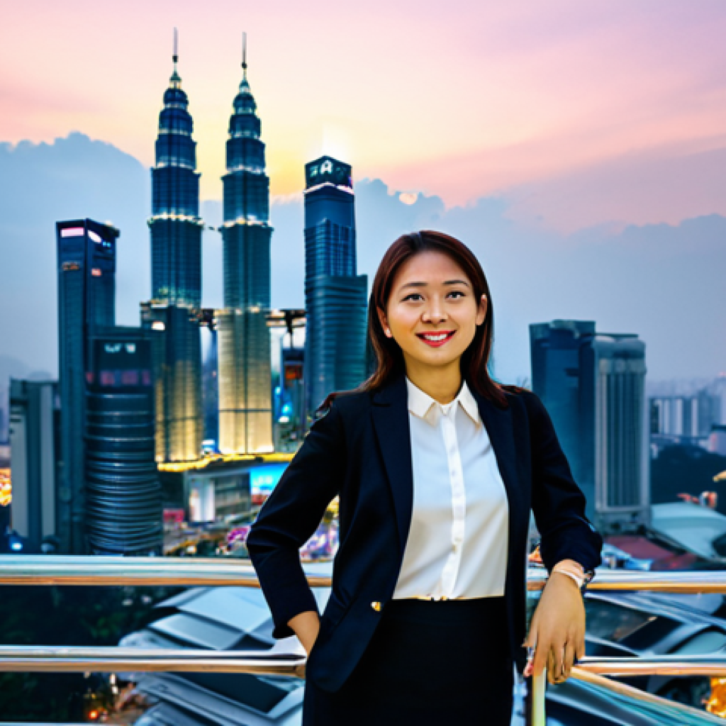 A professional female traveler, fully clothed in a modest, modern business casual outfit, stands on a viewing platform in Kuala Lumpur. In the background, the iconic Petronas Towers are brilliantly illuminated against the twilight sky, surrounded by a vibrant urban cityscape. The scene captures the awe and wonder of modern architecture. Professional photography, high-resolution, sharp focus, vibrant colors, realistic lighting, perfect anatomy, correct proportions, natural pose, well-formed hands, proper finger count, safe for work, appropriate content, fully clothed, professional dress, family-friendly.