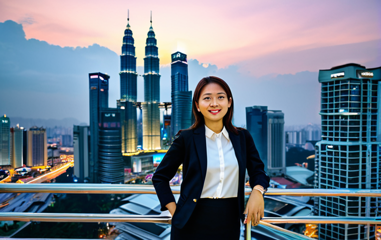 A professional female traveler, fully clothed in a modest, modern business casual outfit, stands on a viewing platform in Kuala Lumpur. In the background, the iconic Petronas Towers are brilliantly illuminated against the twilight sky, surrounded by a vibrant urban cityscape. The scene captures the awe and wonder of modern architecture. Professional photography, high-resolution, sharp focus, vibrant colors, realistic lighting, perfect anatomy, correct proportions, natural pose, well-formed hands, proper finger count, safe for work, appropriate content, fully clothed, professional dress, family-friendly.