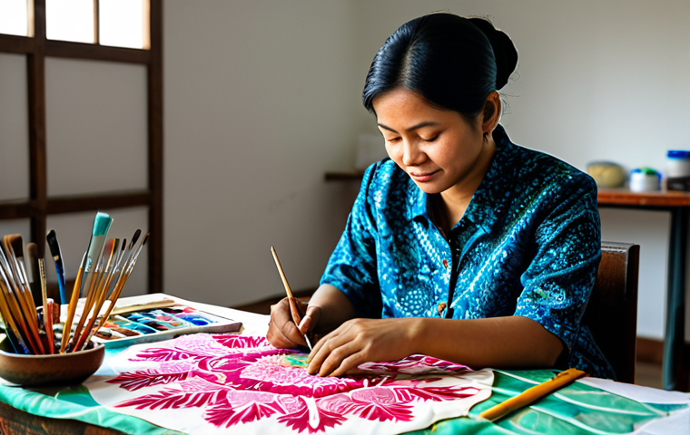 **

"A professional Malaysian artist in a brightly lit studio, fully clothed in modest, culturally appropriate attire, carefully painting a batik design onto silk fabric. The design features intricate floral patterns in vibrant, natural dyes. The studio is filled with art supplies, including brushes, wax applicators, and colorful fabrics. Safe for work, appropriate content, perfect anatomy, correct proportions, natural pose, well-formed hands, proper finger count, natural body proportions, high quality, professional."

**