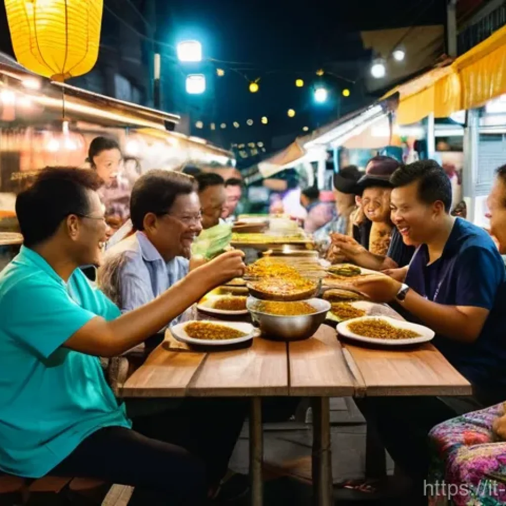 말레이시아의 현지인들과 소통하는 방법 - **Prompt:** "A vibrant and inviting scene at a bustling Malaysian hawker center during the early eve...