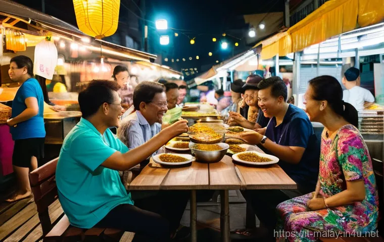 말레이시아의 현지인들과 소통하는 방법 - **Prompt:** "A vibrant and inviting scene at a bustling Malaysian hawker center during the early eve...