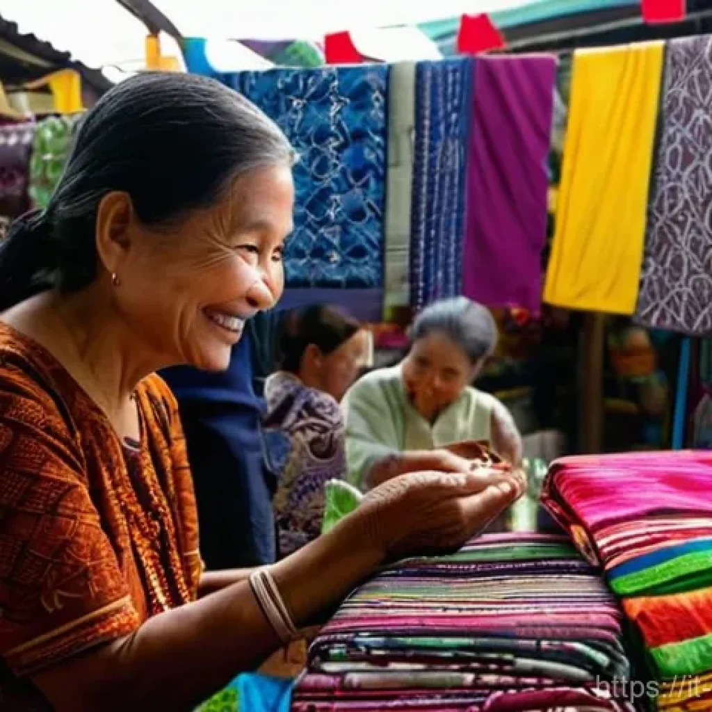 말레이시아 내 로컬 커뮤니티와 소통법 - **Prompt:** A heartwarming scene inside a vibrant Malaysian market. A female traveler, dressed modes...