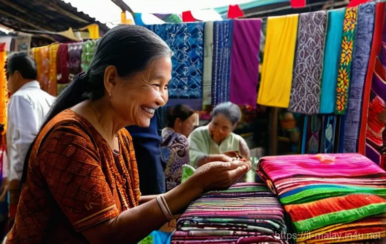 말레이시아 내 로컬 커뮤니티와 소통법 - **Prompt:** A heartwarming scene inside a vibrant Malaysian market. A female traveler, dressed modes...