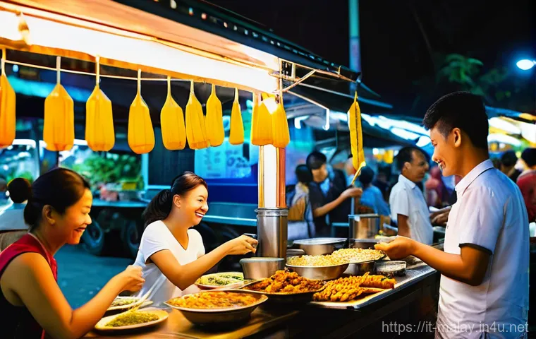 말레이시아 내 로컬 커뮤니티와 소통법 - **Prompt:** A heartwarming scene inside a vibrant Malaysian market. A female traveler, dressed modes...