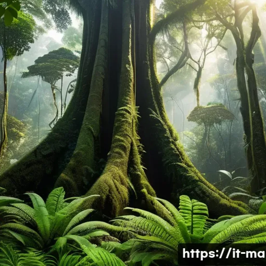 말레이시아 열대우림 생태 탐방 - A majestic ancient Malaysian rainforest scene featuring towering dipterocarpus and meranti trees wit...