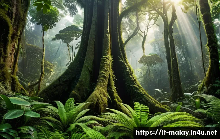 말레이시아 열대우림 생태 탐방 - A majestic ancient Malaysian rainforest scene featuring towering dipterocarpus and meranti trees wit...