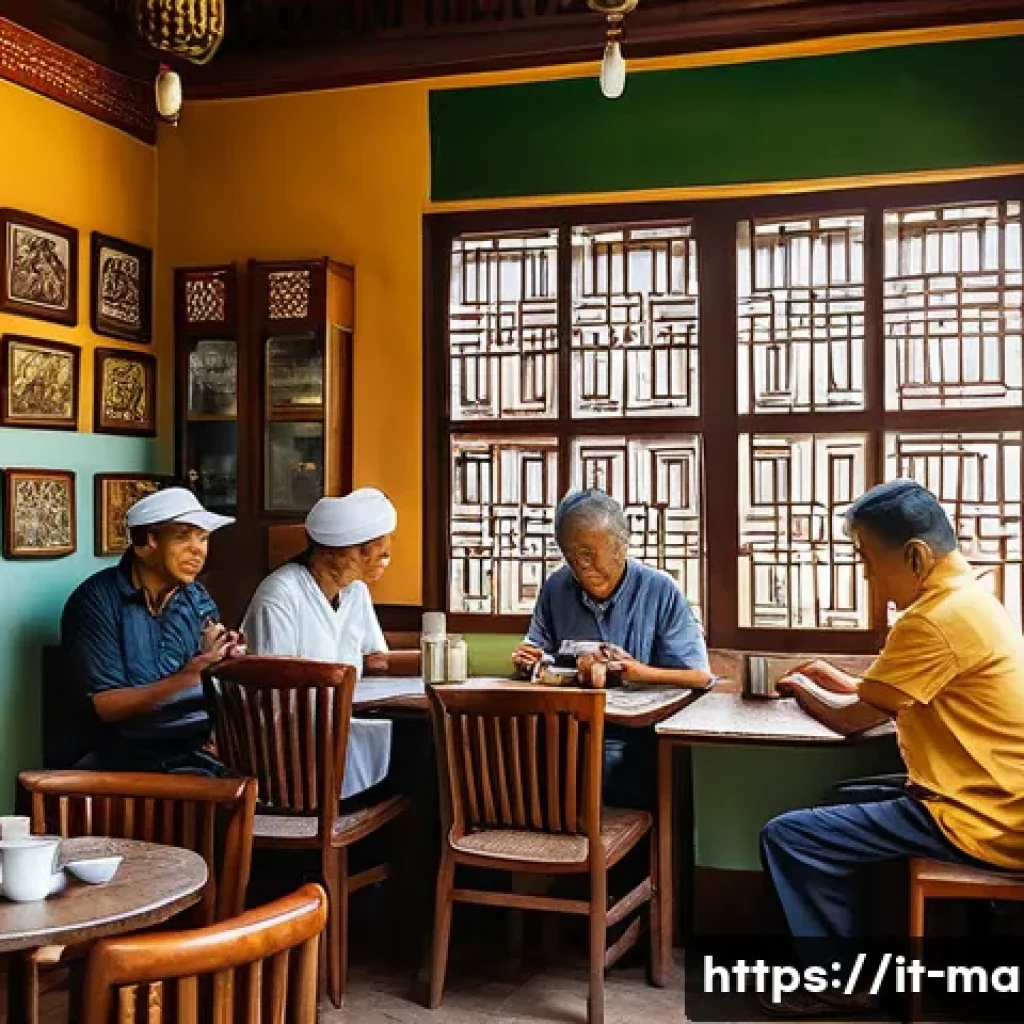 말레이시아의 커피 문화와 카페 추천 - A bustling traditional Malaysian kopitiam interior scene, featuring diverse generations of people&mdash;yo...