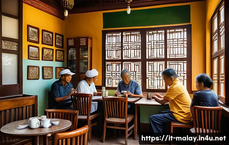말레이시아의 커피 문화와 카페 추천 - A bustling traditional Malaysian kopitiam interior scene, featuring diverse generations of people—yo...