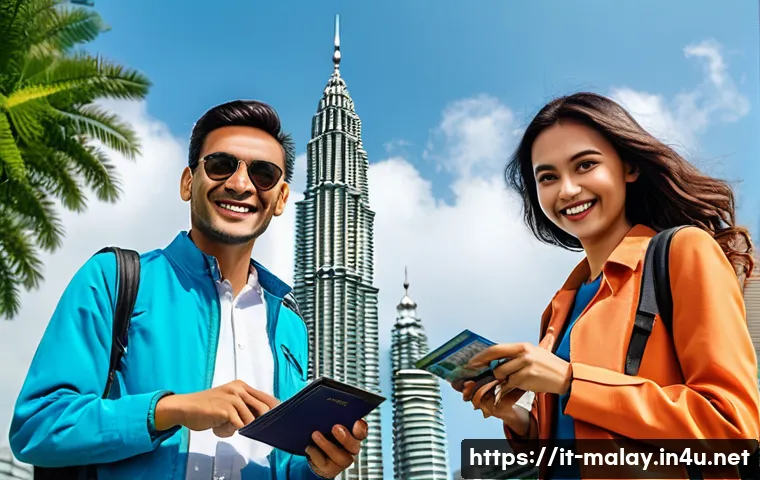 말레이시아 입국 비자 신청 방법 - A cheerful Italian tourist couple standing in front of the Petronas Towers in Kuala Lumpur, Malaysia...