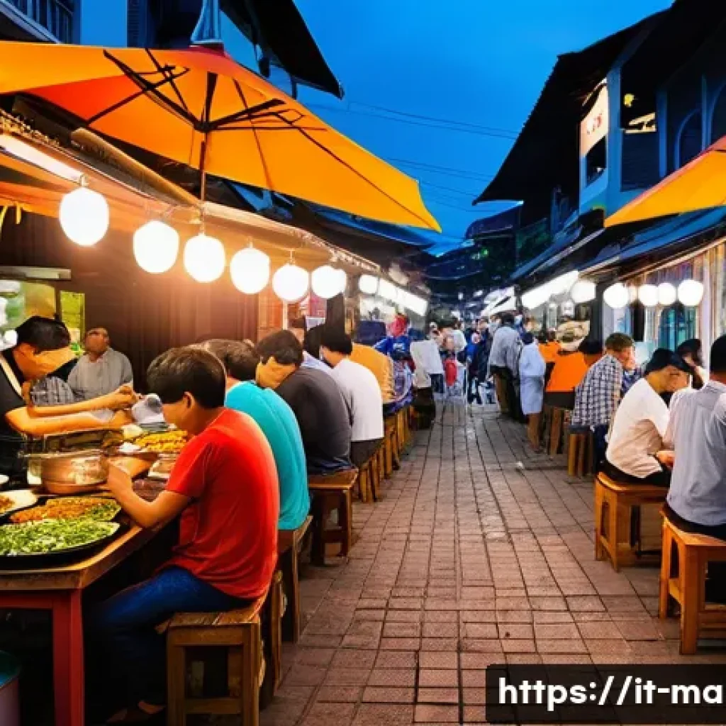 말레이시아와 인도네시아 음식의 차이점 - A vibrant Malaysian street food market scene at dusk, bustling with diverse vendors selling colorful...
