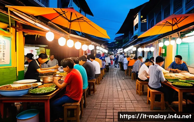 말레이시아와 인도네시아 음식의 차이점 - A vibrant Malaysian street food market scene at dusk, bustling with diverse vendors selling colorful...