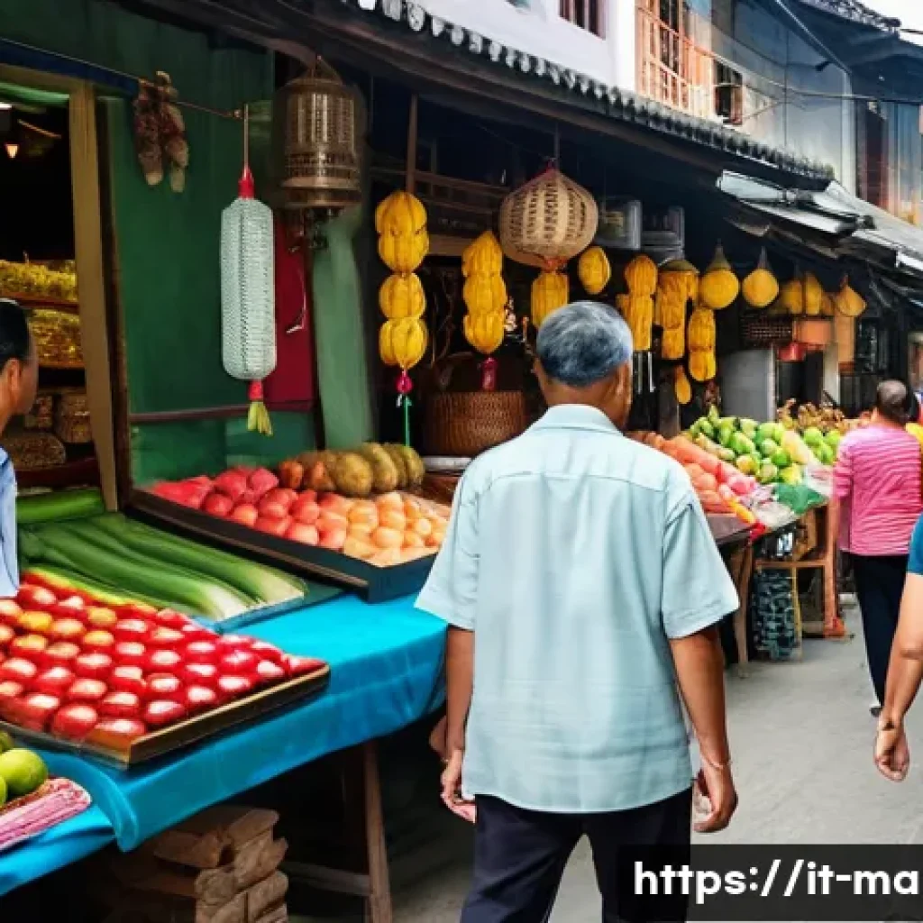 말레이시아 여행 시 주의해야 할 사건사고 - A bustling Malaysian street market scene during daytime, filled with diverse locals and tourists bro...