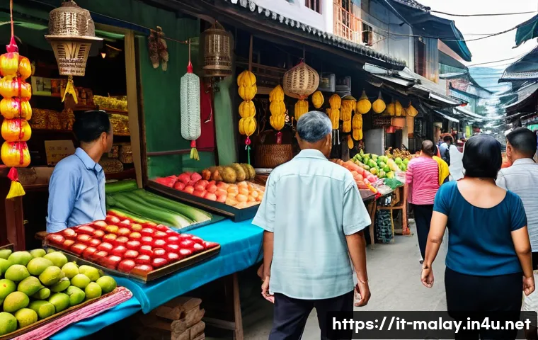 말레이시아 여행 시 주의해야 할 사건사고 - A bustling Malaysian street market scene during daytime, filled with diverse locals and tourists bro...