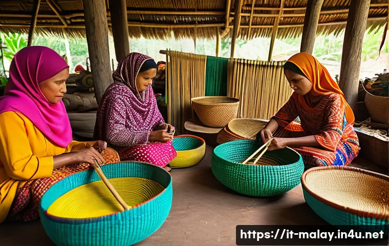 말레이시아 전통 공예품 구매 추천 - A detailed scene of Malaysian artisans weaving traditional rattan and pandan fiber baskets and rugs ...