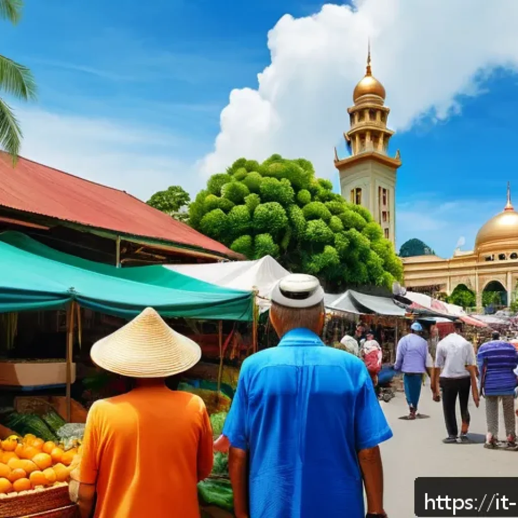 말레이시아 은퇴 비자 프로그램 - A vibrant street scene in Malaysia showcasing a diverse community of expatriate retirees enjoying a ...