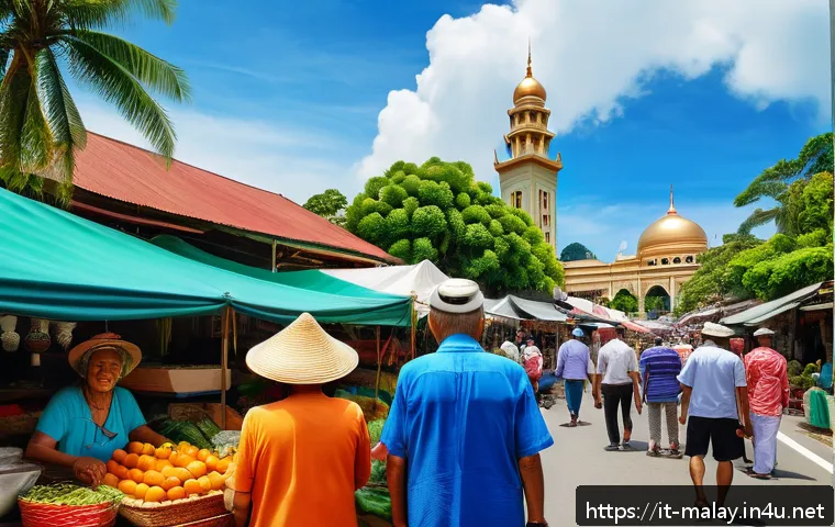 말레이시아 은퇴 비자 프로그램 - A vibrant street scene in Malaysia showcasing a diverse community of expatriate retirees enjoying a ...