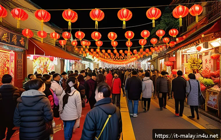 말레이시아의 전통 명절과 의식 - A vibrant Malaysian street during Chinese New Year celebrations, featuring colorful dragon dancers w...