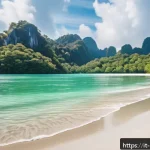 말레이시아 랑카위 섬 여행 가이드 - A pristine, nearly deserted tropical beach at Langkawi during golden hour, featuring fine white sand...