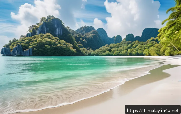 말레이시아 랑카위 섬 여행 가이드 - A pristine, nearly deserted tropical beach at Langkawi during golden hour, featuring fine white sand...