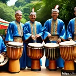 말레이시아의 전통 악기 가믈란 - A traditional Malaysian musical ensemble performing outdoors during a cultural festival, featuring m...