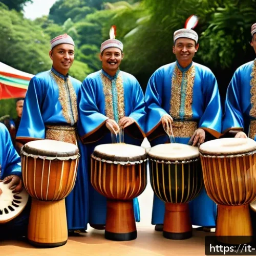 말레이시아의 전통 악기 가믈란 - A traditional Malaysian musical ensemble performing outdoors during a cultural festival, featuring m...