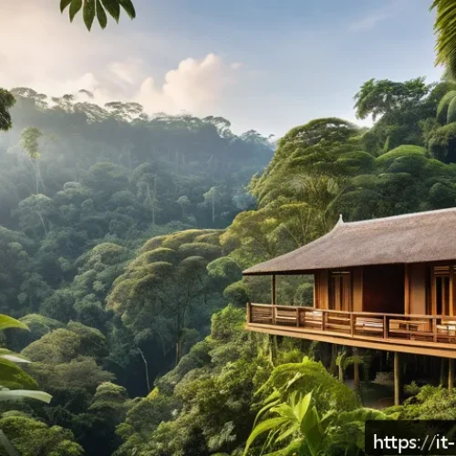 말레이시아 숲속 리조트 체험 - A serene morning scene at a luxury eco-friendly resort nestled in the Malaysian rainforest, featurin...