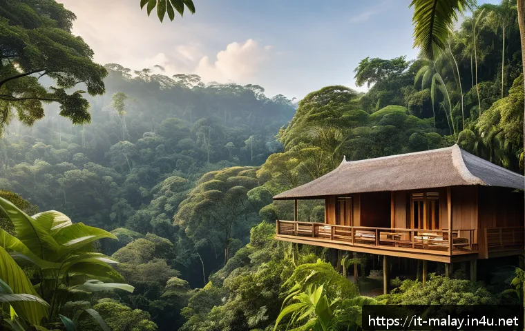 말레이시아 숲속 리조트 체험 - A serene morning scene at a luxury eco-friendly resort nestled in the Malaysian rainforest, featurin...