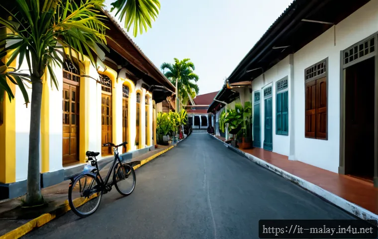 말레이시아 내 영화 촬영지 소개 - Photorealistic cinematic wide shot of the colorful colonial streets of George Town, Malaysia, preser...
